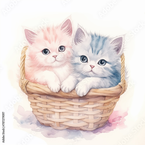 Two kitten in basket water color style
