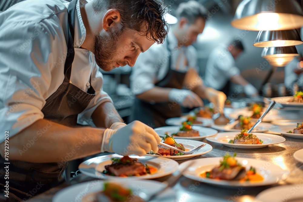 Fototapeta premium A chef is preparing a large number of plates of food. The plates are arranged on a table and the chef is using a knife to cut vegetables. The atmosphere is busy and focused