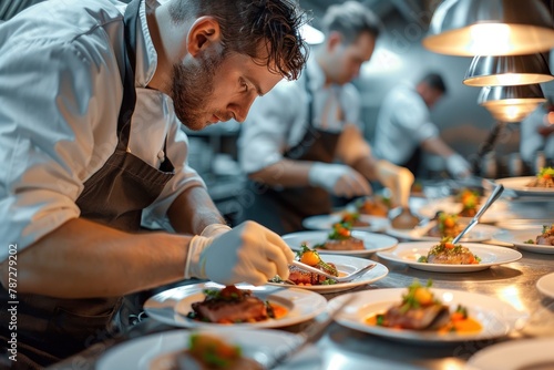 A chef is preparing a large number of plates of food. The plates are arranged on a table and the chef is using a knife to cut vegetables. The atmosphere is busy and focused