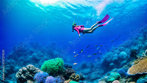 Person snorkeling over coral reef, pink wetsuit and fins, in clear blue water with fish and corals. Underwater exploration and marine life concept.