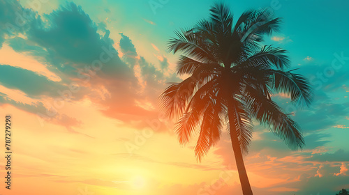 Copy space of silhouette tropical palm tree with sun light on sunset sky and cloud abstract background Summer vacation and nature travel adventure concept Vintage tone filter effect co   Generative AI
