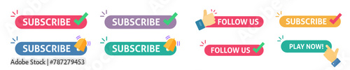 Follow us subscribe button set vector, play now element with hand cursor flat cartoon red green blue yellow purple with check mark simple modern color design image clipart