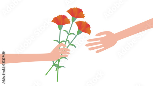 3本のカーネーションを渡す手と受け取る手のイラスト