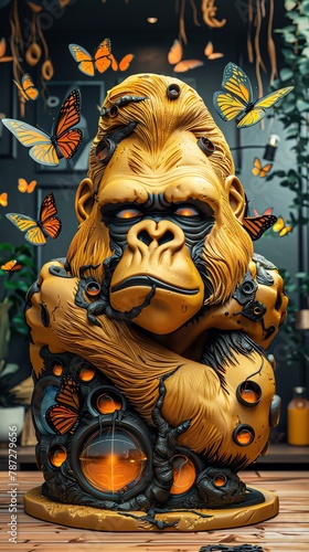 Transcend boundaries with a clay sculpture of a biomechanical gorilla interacting with holographic butterflies  captured from a unique and unexpected camera angle that sparks curiosity and amazement T