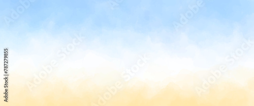 Abstract summer landscape vector watercolor background with blue sky, white clouds and sand beach. Watercolor illustration for interior, flyers, poster, cover, banner. Modern hand draw painting.