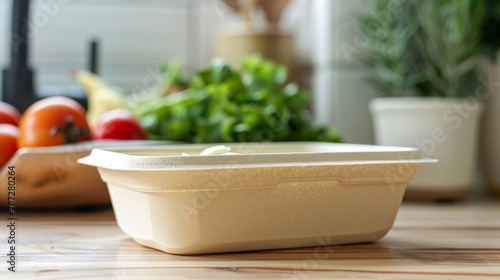 Closeup of a compostable food container showing its versatility and suitability for both hot and cold meals. . photo