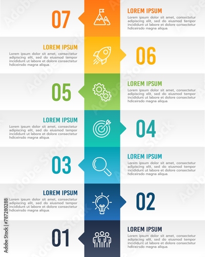 Infographic Timeline 7 Steps to Success. Milestone, Project, Information, Presentation and report. Vector illustration.