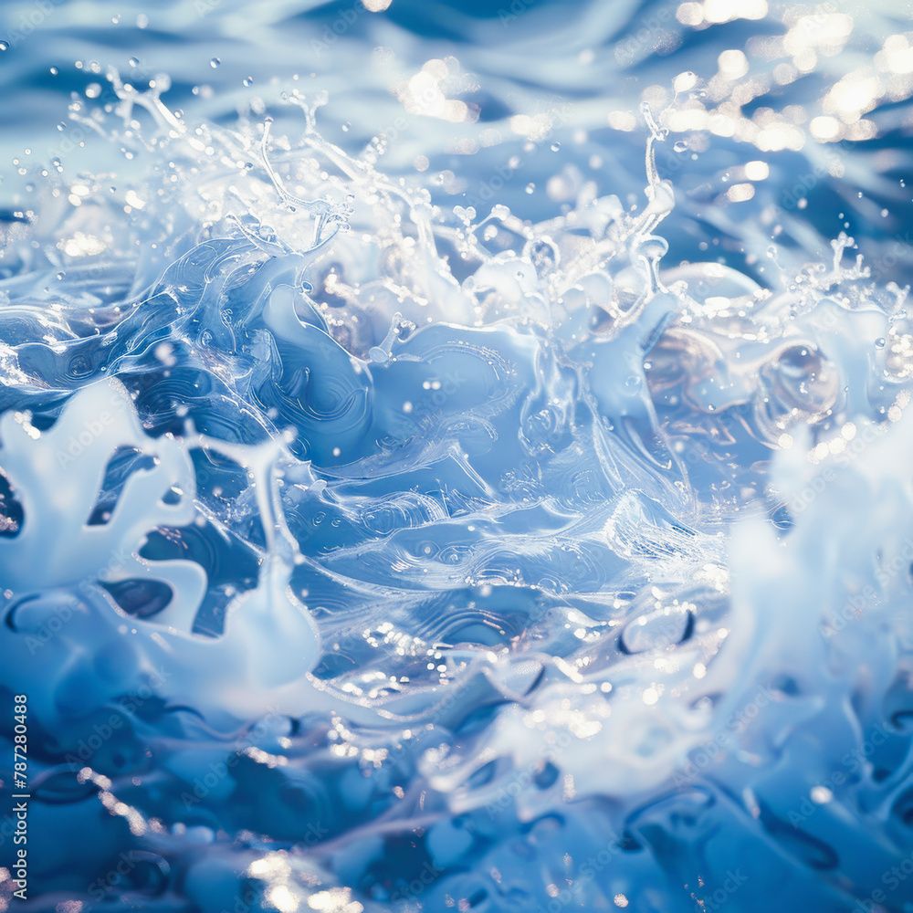 Close-up of dynamic, splashing water with droplets suspended in motion, reflecting light with a hint of blue tones. Close-up of dynamic, splashing water with droplets suspended in motion, reflecting light with a hint of blue tones.