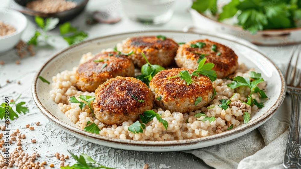 Studio photograph of buckwheat porridge served with cutlets on a white plate Studio photograph of buckwheat porridge served with cutlets on a white plate