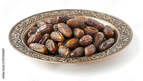 Plate with dried dates for Ramadan on white background