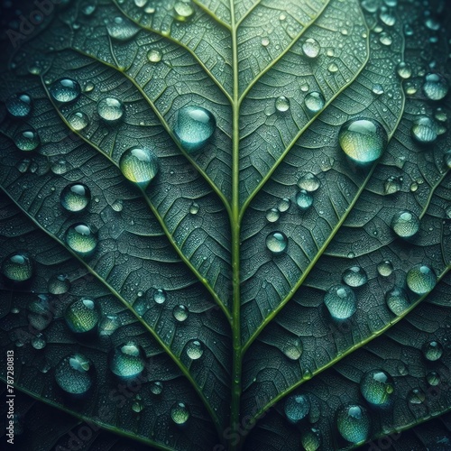 Close-up of green leaf with water drops, fresh leaves with raindrops