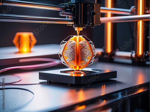 A 3D printer is printing an elaborate geometric object on a shiny metal surface that reflects the surrounding light; a filament spool is nearby; and LED indications flicker. photo