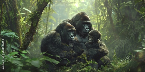 A heartwarming scene of a gorilla family embracing in a foggy jungle, capturing a moment of tenderness in the wild