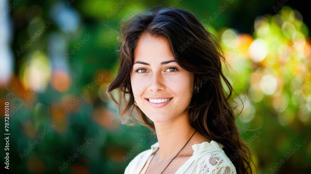 A smiling woman with dark hair outdoors, wearing a light blouse, and a blurred green natural background. A smiling woman with dark hair outdoors, wearing a light blouse, and a blurred green natural background.