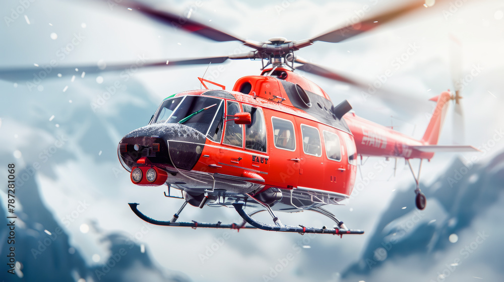 A red rescue helicopter flying amid snowy mountain peaks under overcast skies, with snowflakes visible around it. A red rescue helicopter flying amid snowy mountain peaks under overcast skies, with snowflakes visible around it.