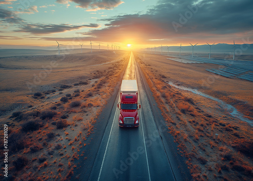 .Aerial top view of a car and a hydrogen energy truck driving on a highway road in a desert