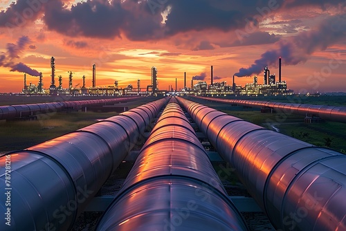 A large industrial pipe line with a sunset in the background and a factory in the distance with