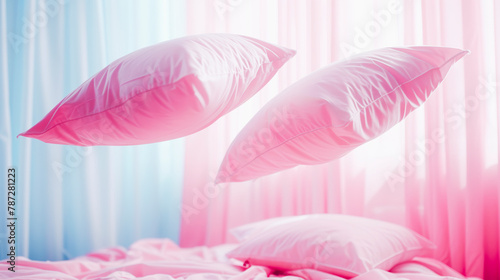 Two fluffy pillows in mid-air with a pink and blue pastel background, suggesting a soft, dreamy atmosphere.