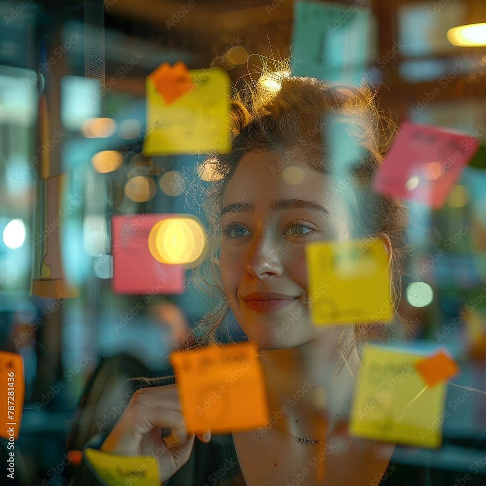 Young Blonde Woman Mapping Out Ideas with Sticky Notes Young Blonde Woman Mapping Out Ideas with Sticky Notes