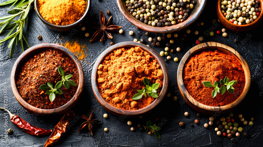 A variety of colorful spices and herbs in wooden bowls on a dark textured surface, garnished with fresh green leaves.
