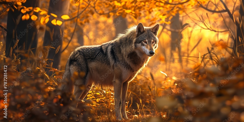 A lone wolf wanders through an autumnal forest bathed in the golden glow of the setting sun A lone wolf wanders through an autumnal forest bathed in the golden glow of the setting sun