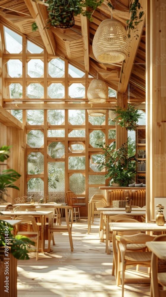 A restaurant with wooden floors and a lot of plants