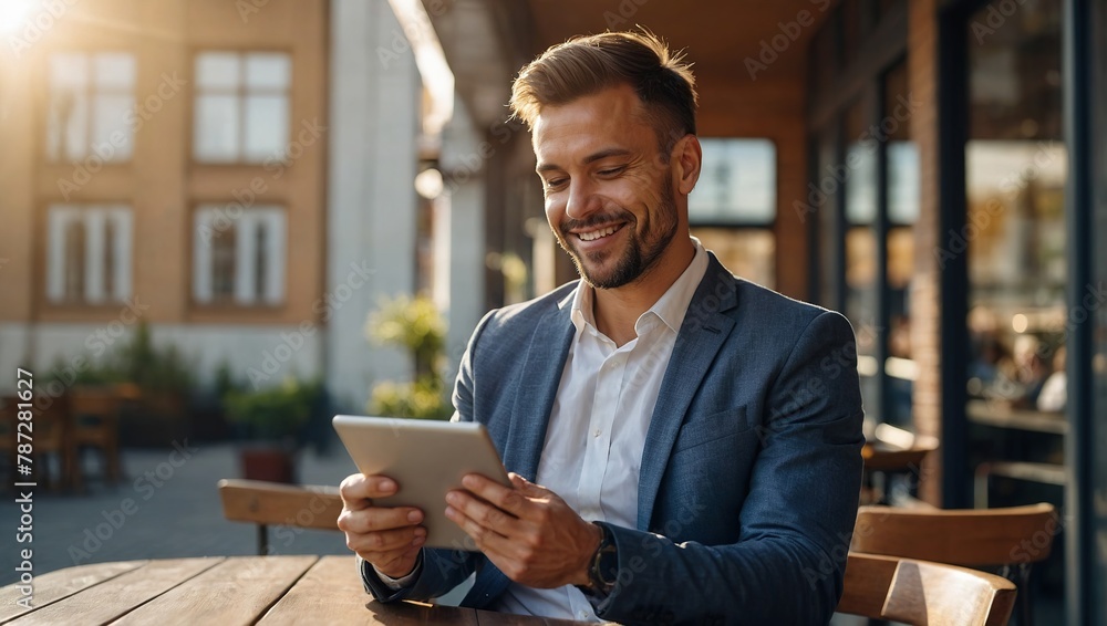 A business man with a laptop or tablet works in a cafe on the street near modern business buildings. A business man with a laptop or tablet works in a cafe on the street near modern business buildings.