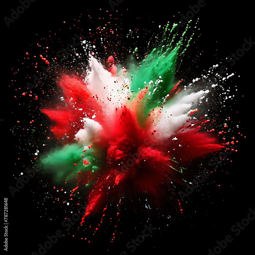 Conceptual Holi Celebration Colorful Powder Explosions on Black Background, Green White and Red colored powder explosions on Black background holi paint powder splash in color,