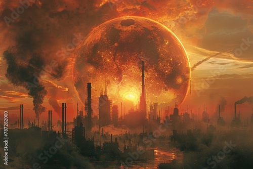 Conceptual art of a globe dissolving into ashes under a scorching sun, with industrial smokestacks and financial buildings casting long shadows