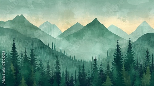 Crisp detailing in a sage green and turquoise geometric patterned forest  with mountains rising whimsically