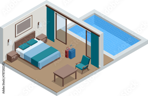 Isometric Modern Bedroom Suite in Hotel. Luxury Gotel and Exterior Design Pool Villa with Living Room, Sunbed and Sofa. Enjoy the Holiday and Vacation. Mobile Application, Hotel Booking Online