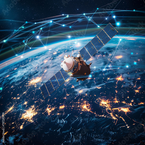 satellite per telecomunicazioni in orbita intorno al globo terracqueo con tecnologia futuristica photo