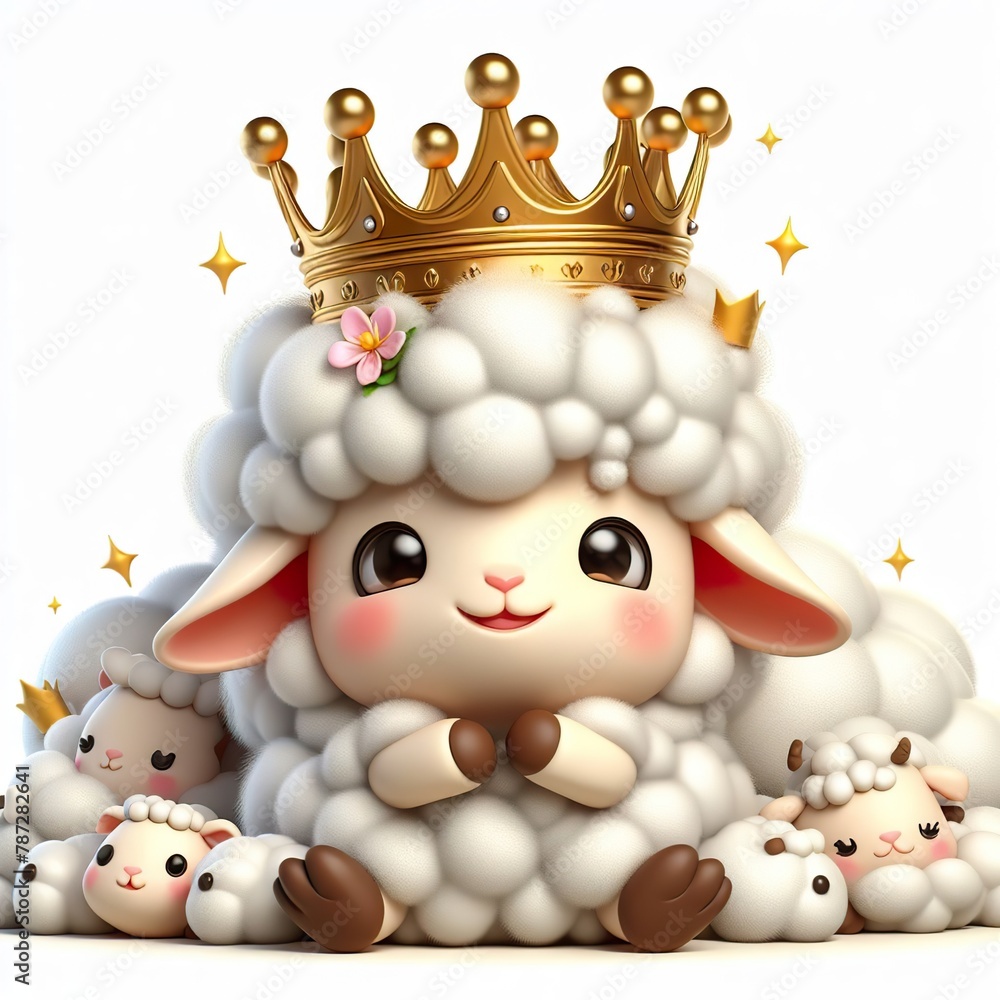 3D image cartoon of a very cute sheep with the crown isolated white background 3D image cartoon of a very cute sheep with the crown isolated white background