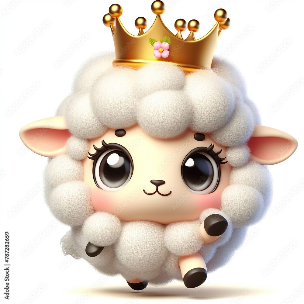 Obraz premium 3D image cartoon of a very cute sheep with the crown isolated white background