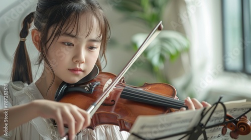 Focused Asian girl at home, violin practice underway, sheet music her roadmap to mastery  8K , high-resolution, ultra HD,up32K HD