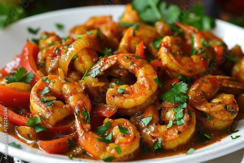 Delicious Curry Shrimp with Peppers and Onion. Authentic Chinese Cuisine Filled with Spicy Curry Sauce and Fresh Herbs