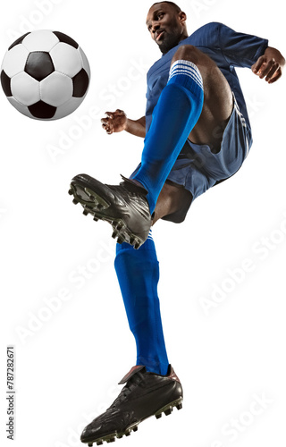Competitive young African-American man, football player in motion, dribbling ball, training isolated on transparent background. Concept of sport, active and healthy lifestyle, action