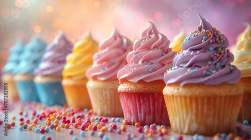 An array of 3D cartoon cupcakes with rainbow frosting displayed on a festive table photo