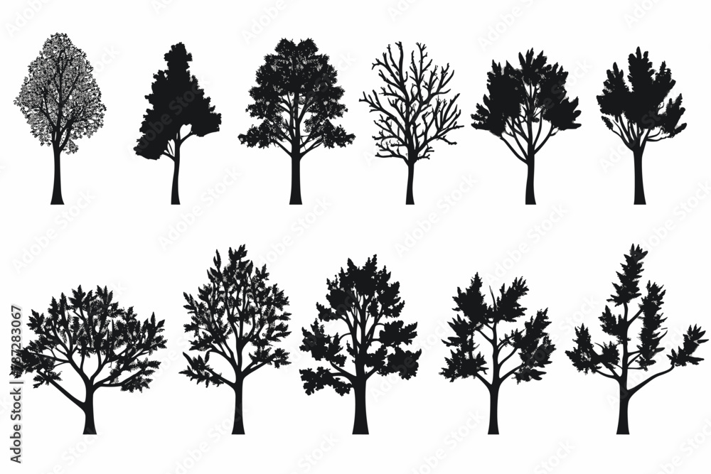 Fototapeta premium Silhouette tree set. Side view, set of graphic trees elements outline symbol for architecture and landscape design drawing. Vector illustration