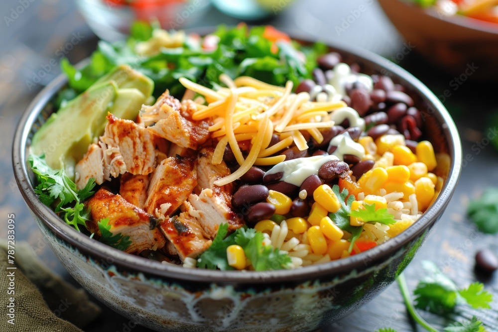 Mexican Chicken Burrito Bowl with Beans, Corn, and Cheese - Homemade Dinner Recipe