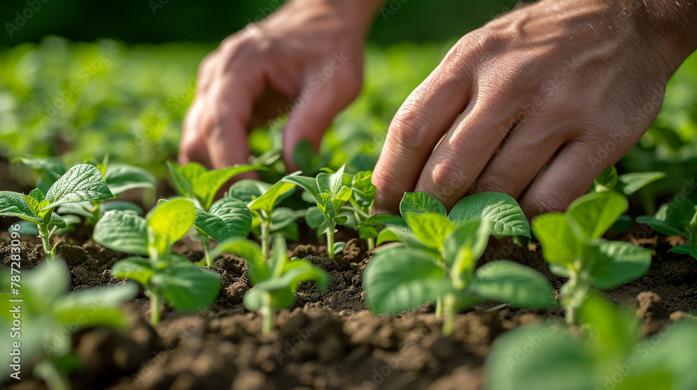 Agronomist checking soybean plants in cultivated agricultural fields. Agronomist checking soybean plants in cultivated agricultural fields.