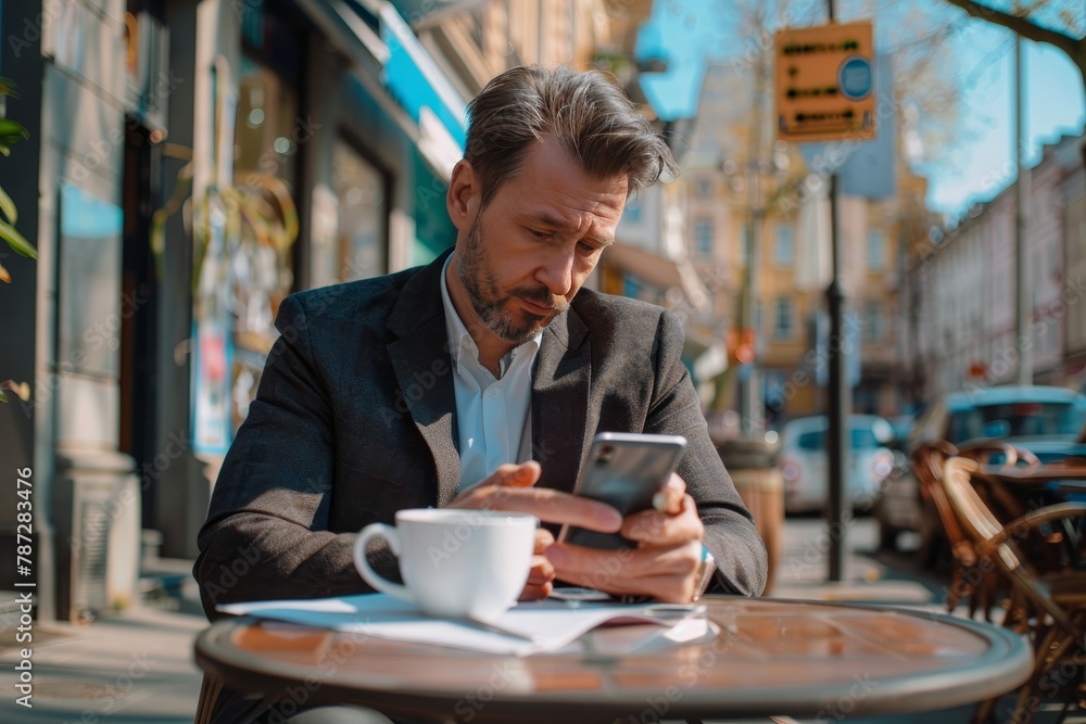 Businessman using news app on smartphone at city cafe, browsing latest updates while sipping coffee