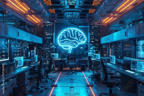 Futuristic artificial intelligence lab with a central cybernetic brain connected to quantum computing terminals through glowing neural circuits