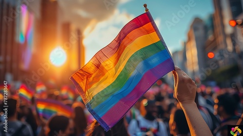 A closeup of a hand holding a small rainbow flag, with a crowd in the background