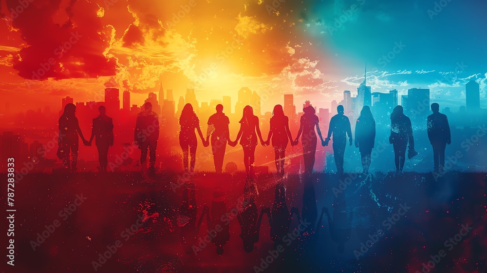 A diverse group of individuals holding hands at a Pride event with the city skyline in the background A diverse group of individuals holding hands at a Pride event with the city skyline in the background
