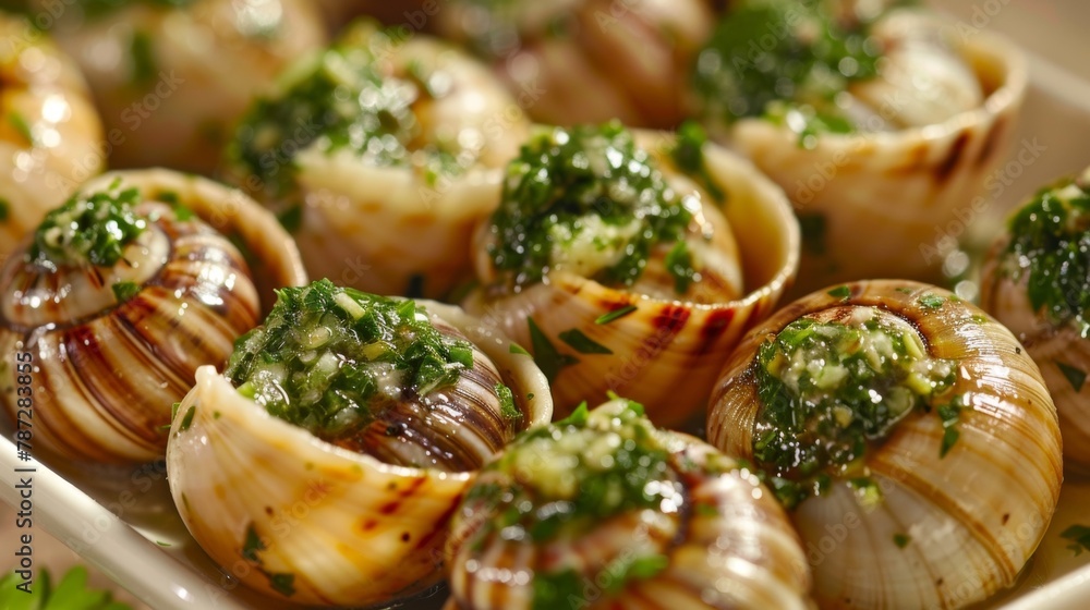 Closeup of a plate of escargot shells each one filled with a tantalizing mixture of garlic parsley and butter waiting to be sad one by one. . Closeup of a plate of escargot shells each one filled with a tantalizing mixture of garlic parsley and butter waiting to be sad one by one. .
