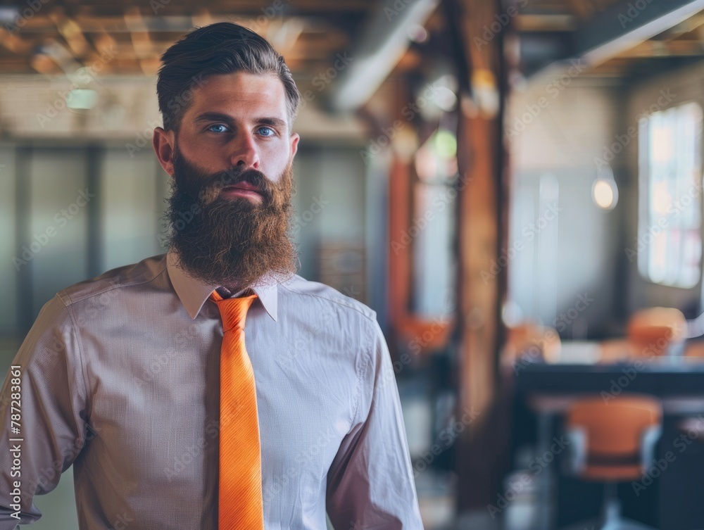 Caucasian Macho in Bearded Style: Attaching Orange Tie for Business in Acid Office Work Environment Caucasian Macho in Bearded Style: Attaching Orange Tie for Business in Acid Office Work Environment