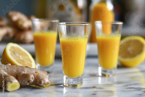 Refreshing Homemade Ginger Shots of Turmeric, Lemon and Other Antioxidant Ingredients in Small Glasses