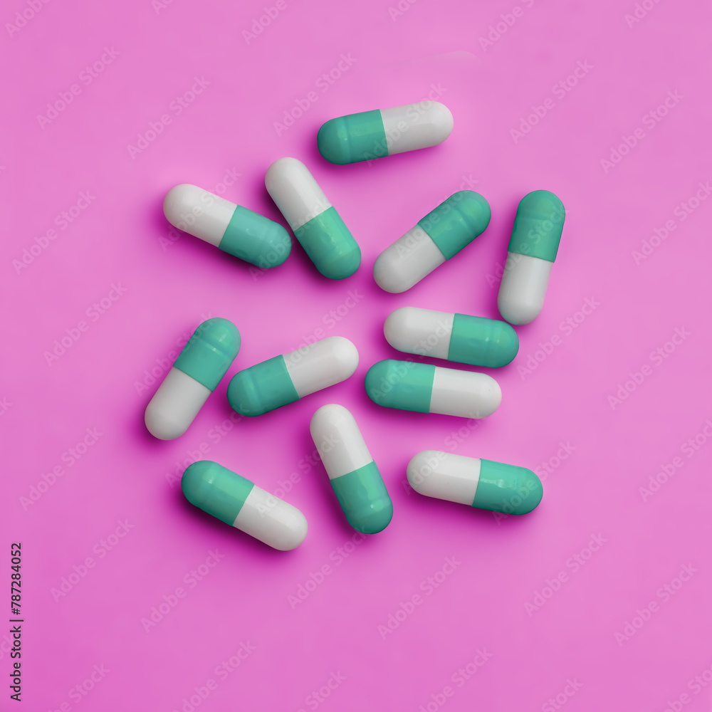 Blue white pills on a pink background. Directly above Blue white pills on a pink background. Directly above