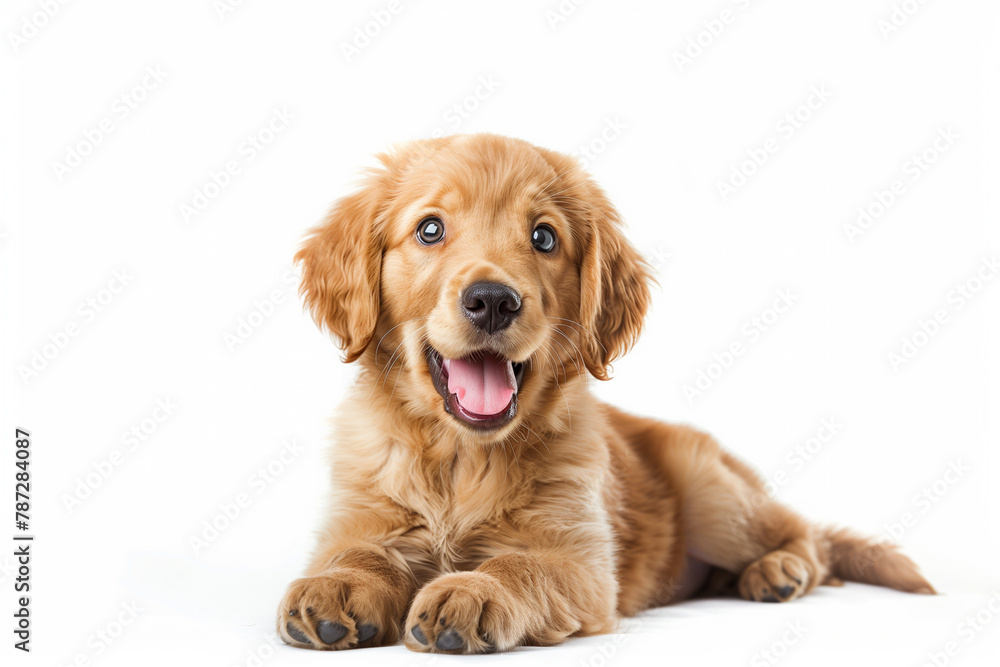 Resting on a white surface, the golden retriever puppy looks adorable with a joyful demeanor.